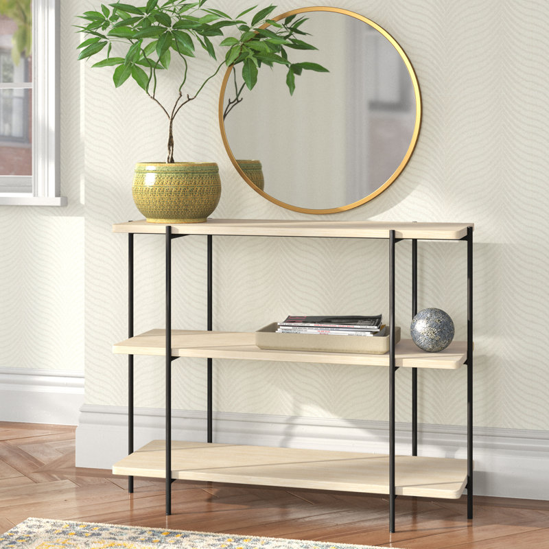 Beige Wood and Black Metal 2-Shelf Console Table