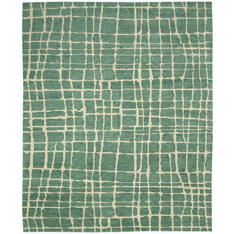 Turquoise Green Hand-Knotted Wool Abstract Area Rug 7'9" x 9'9"