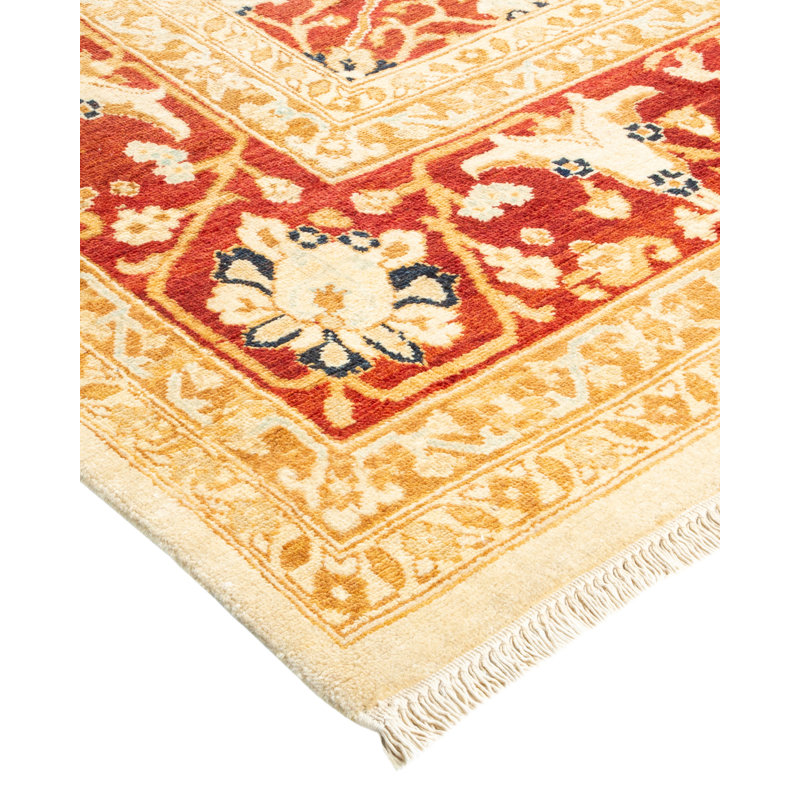 Hand-Knotted Ivory and Red Wool Floral 8' x 10' Area Rug