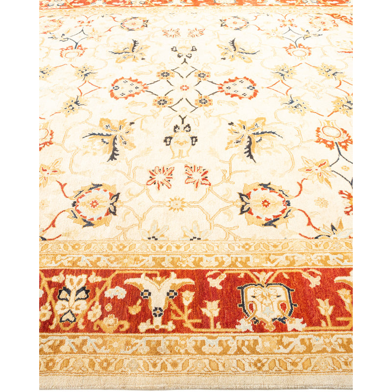 Hand-Knotted Ivory and Red Wool Floral 8' x 10' Area Rug