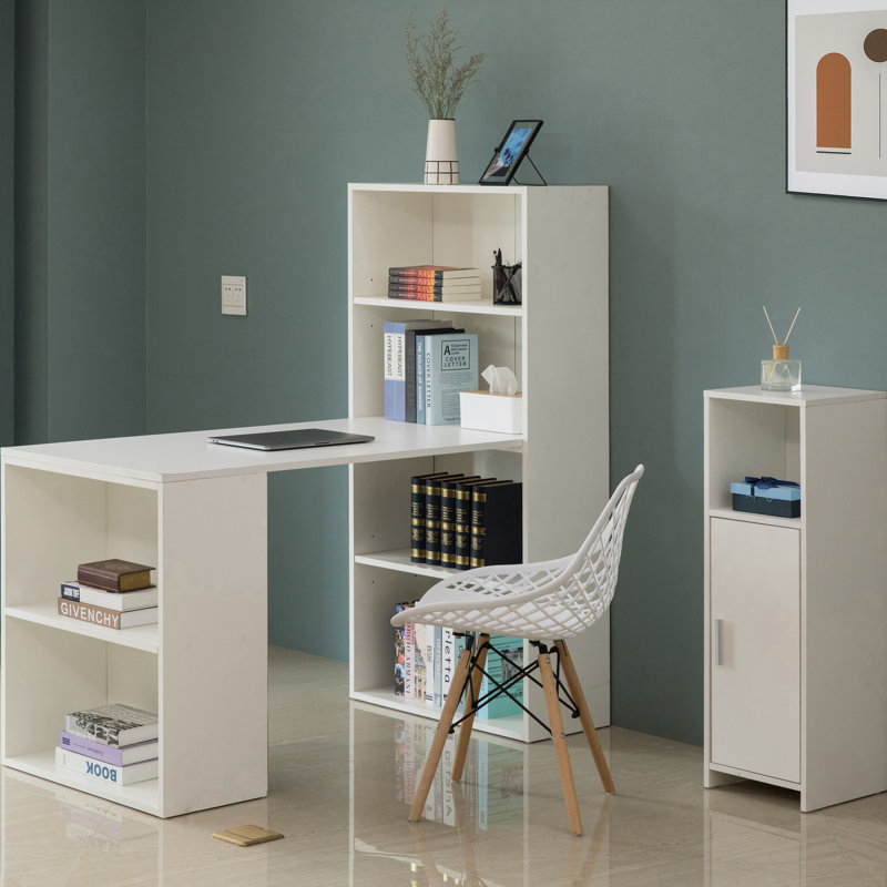 Modern White Solid Wood Writing Desk with Integrated Bookshelf
