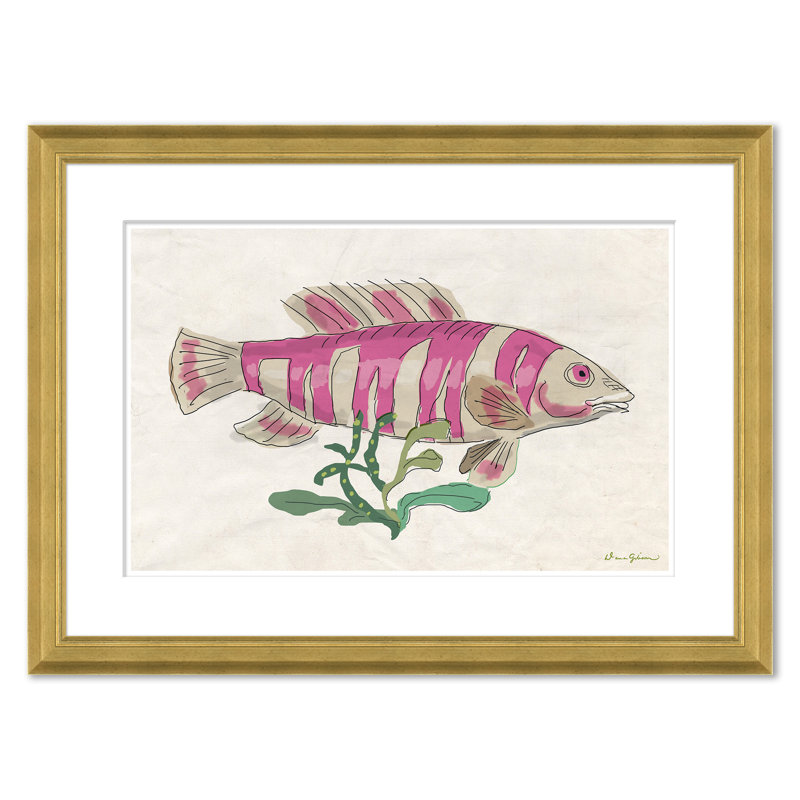 Pink Striped Fish Print in Gold Wood Frame