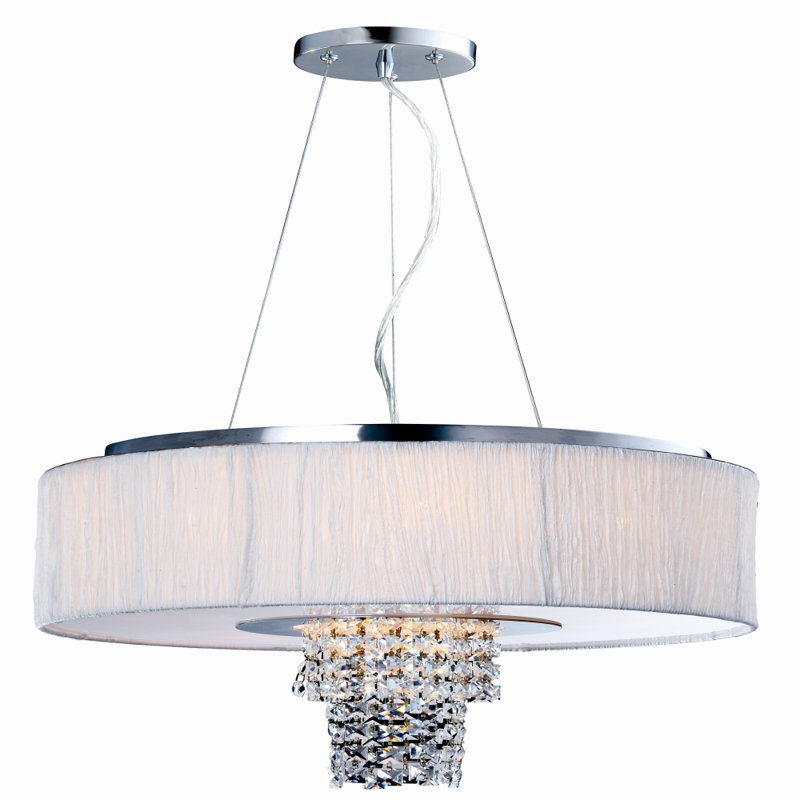 Chrome and Crystal 6-Light Drum Chandelier with White Shade