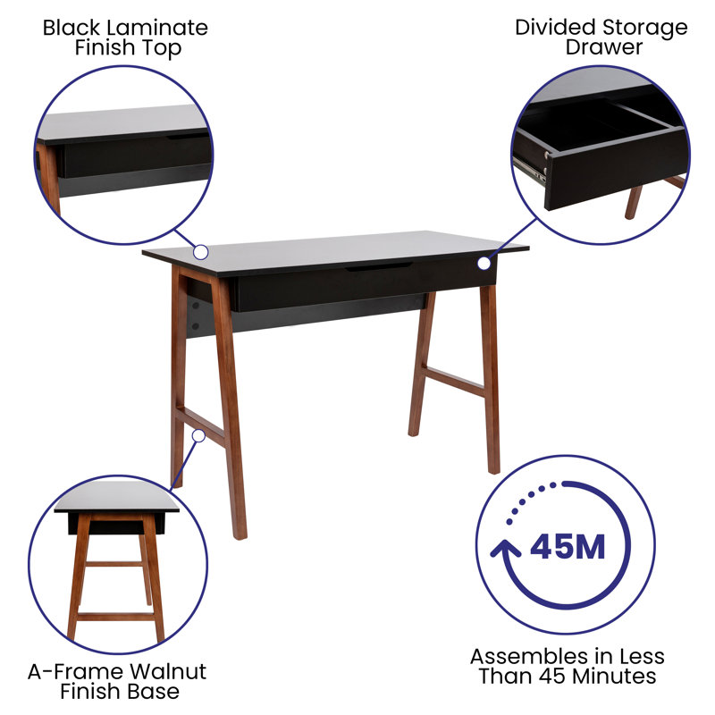 Black and Walnut Wood Writing Desk with Storage Drawer