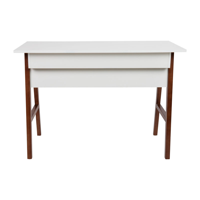White Laminate Top Writing Desk with Walnut Frame and Drawer
