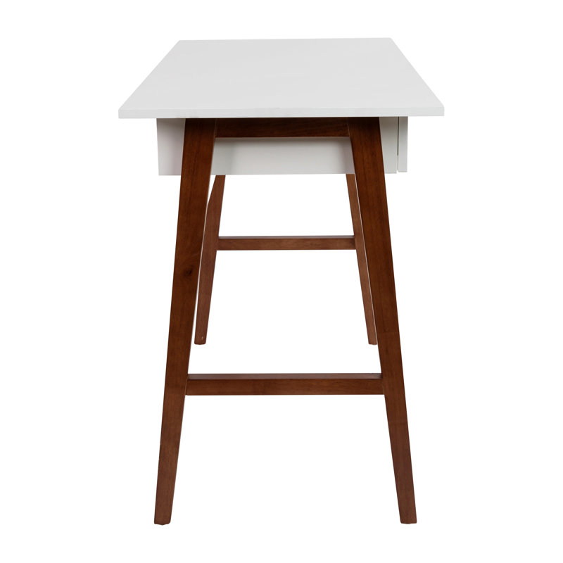 White Laminate Top Writing Desk with Walnut Frame and Drawer