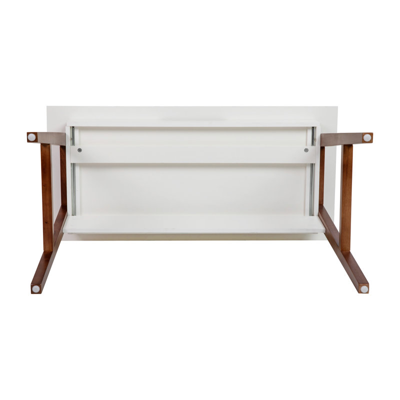 White Laminate Top Writing Desk with Walnut Frame and Drawer