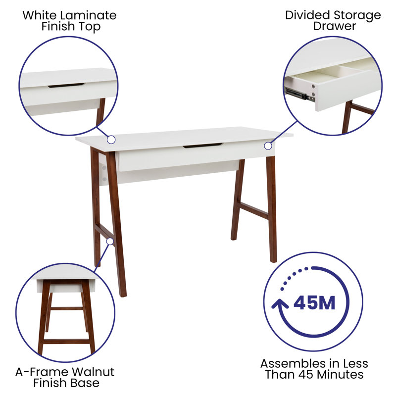 White Laminate Top Writing Desk with Walnut Frame and Drawer
