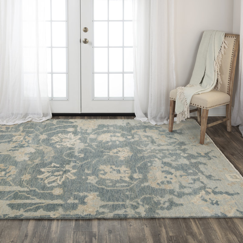 Elegant Ivory Floral Hand-Knotted Wool-Cotton Rug, 9' x 12'