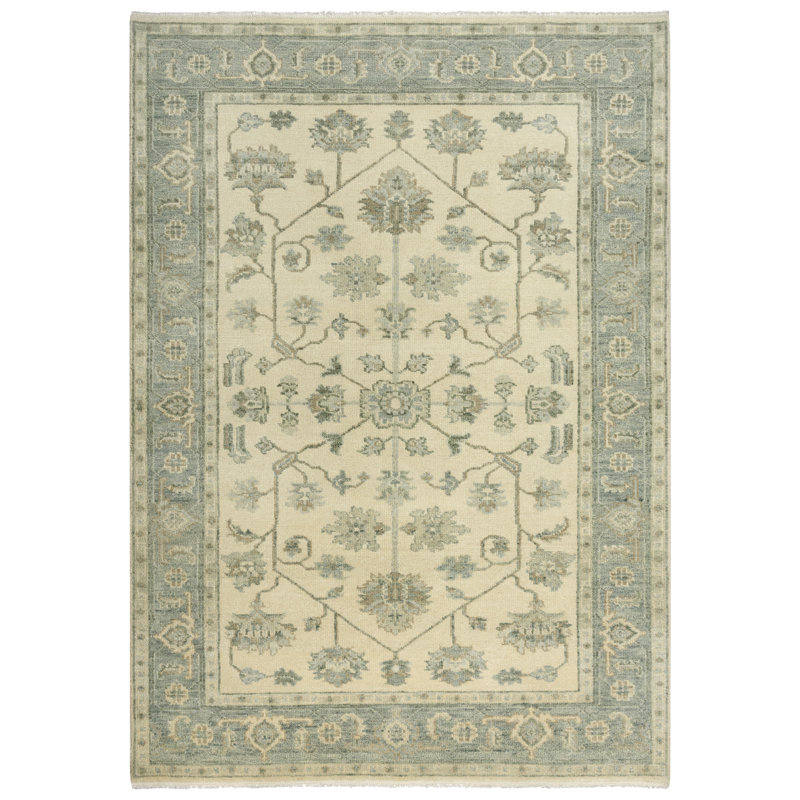 Elegant Ivory Hand-Knotted Wool-Cotton Blend Area Rug 10' x 14'