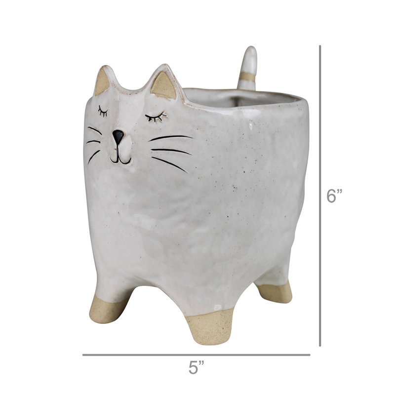 6-Inch White Ceramic Cat Novelty Cachepot