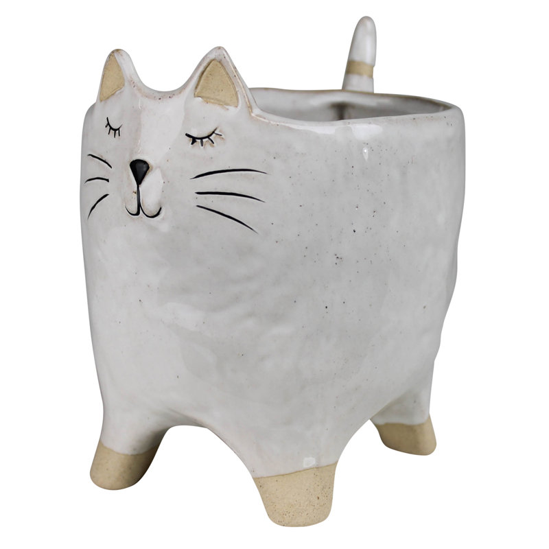 6-Inch White Ceramic Cat Novelty Cachepot