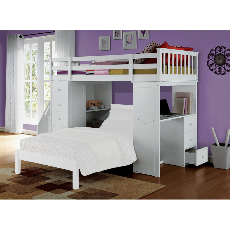 White Twin Loft Bed with Bookcase and Storage Drawers