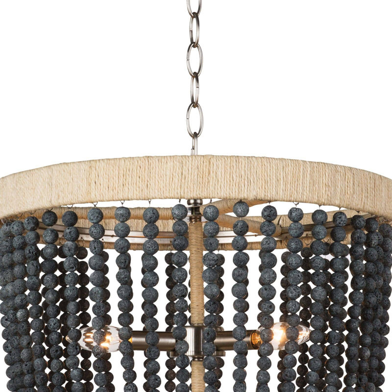 Bohemian Mini Brass Beaded Chandelier with Blue Finish and Rattan Frame