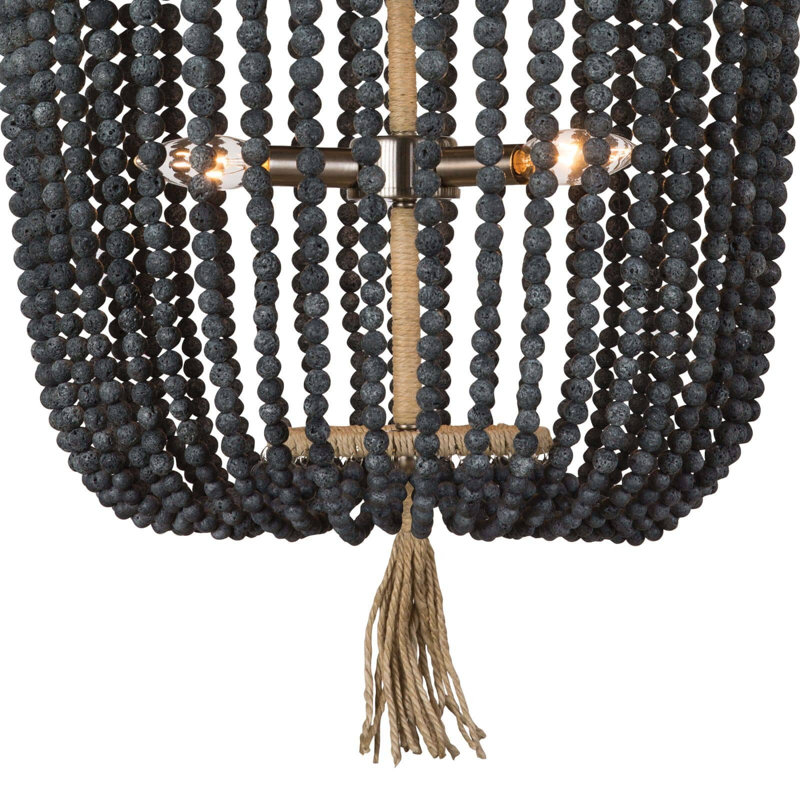 Bohemian Mini Brass Beaded Chandelier with Blue Finish and Rattan Frame