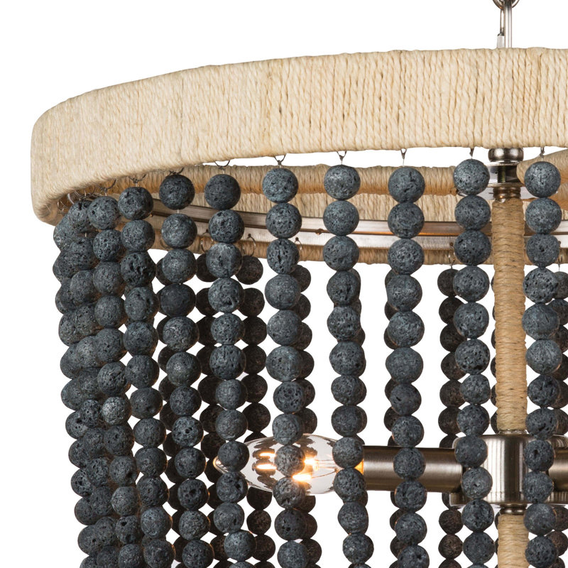 Bohemian Mini Brass Beaded Chandelier with Blue Finish and Rattan Frame