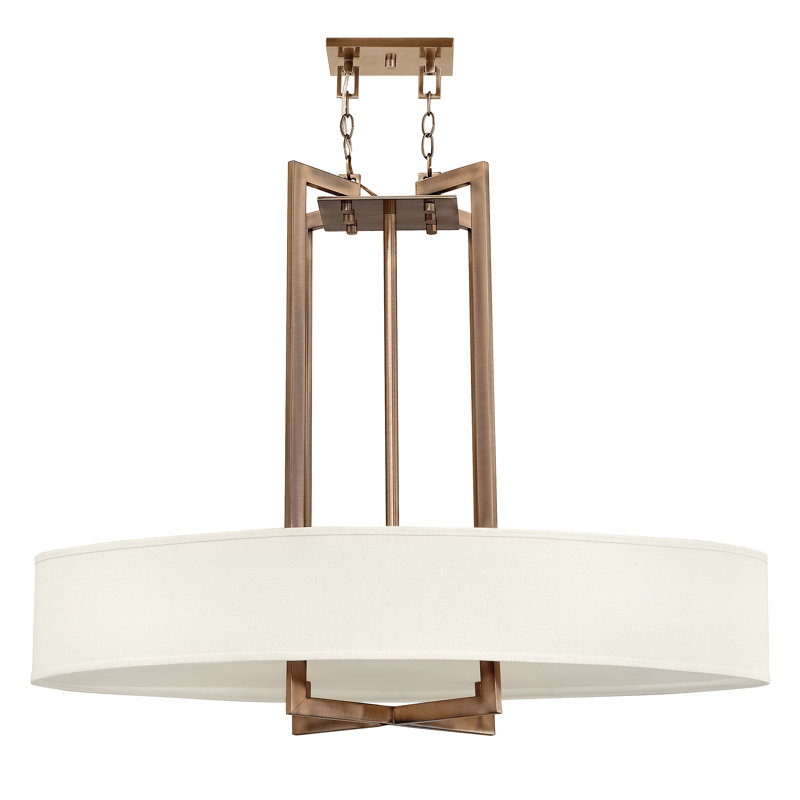 Transitional 4-Light Oval Drum Chandelier with Off-White Linen Shade - Brushed Bronze