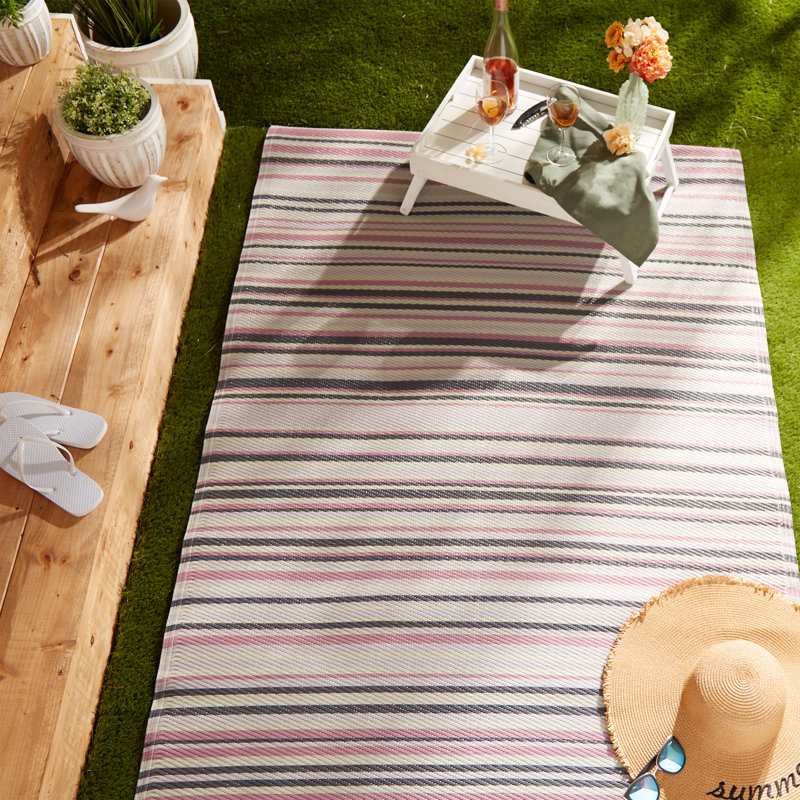 Blue and Multicolor Striped 4' x 6' Outdoor Rug