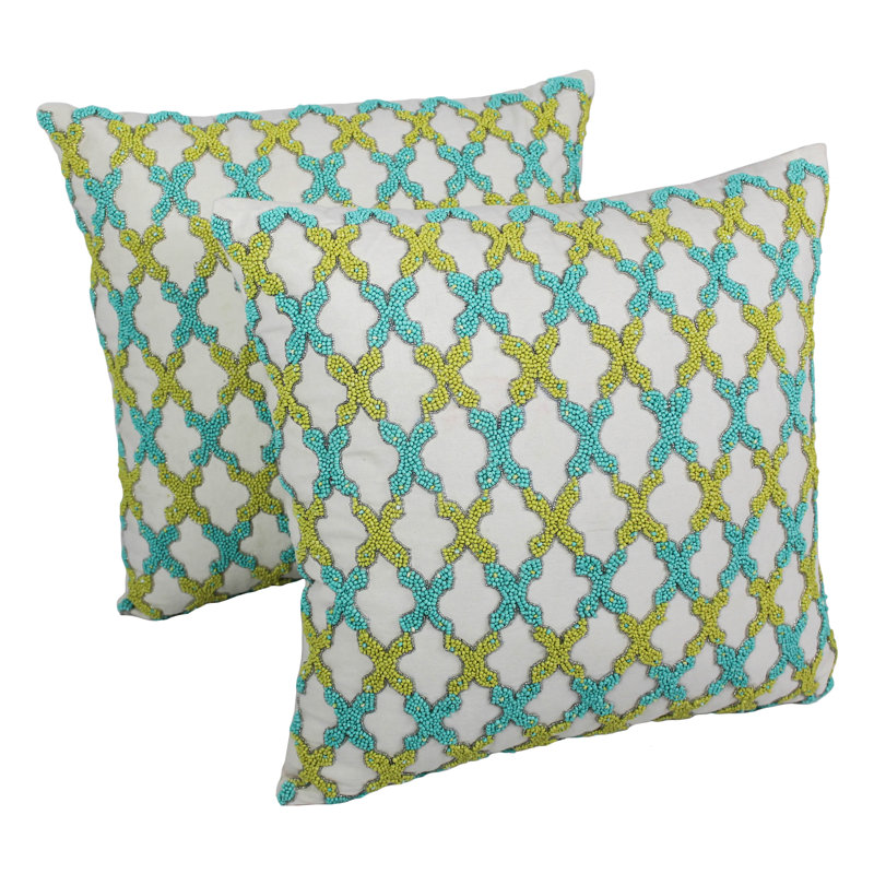 Sea Green and Teal Beaded Cotton Square Throw Pillows Set