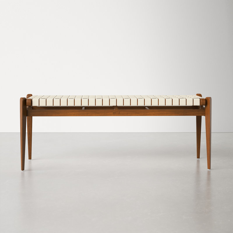 Dilan Sophisticated White Genuine Leather Bench with Mahogany Frame