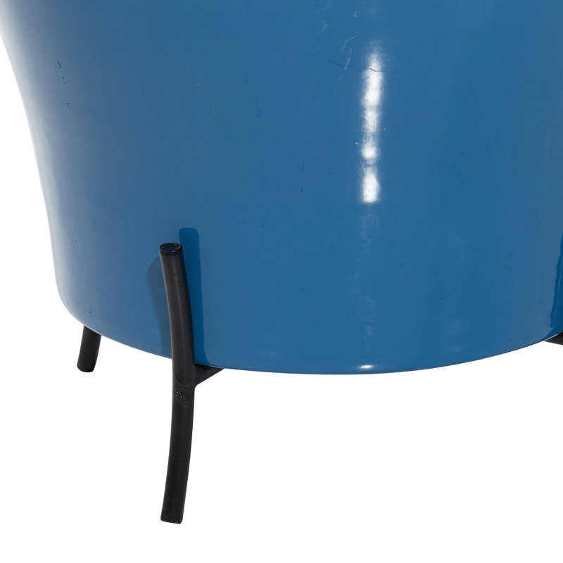 Blue Solid Round Metal Planter Set, 9" and 12"H with Gold X-Stands