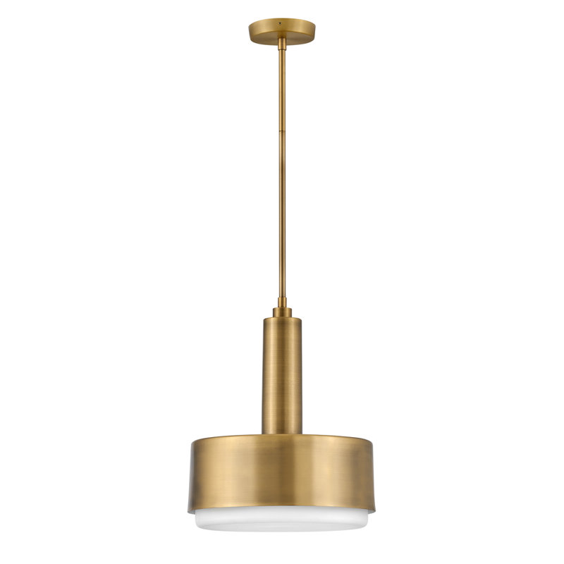 Lacquered Brass and Etched Opal Glass Drum Pendant Light