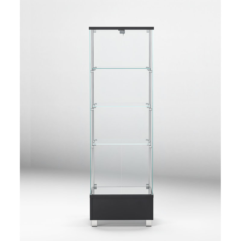 Tall Black Glass Lighted Curio Cabinet with Stainless Steel Accents