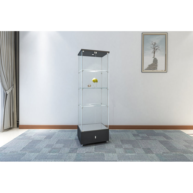 Tall Black Glass Lighted Curio Cabinet with Stainless Steel Accents