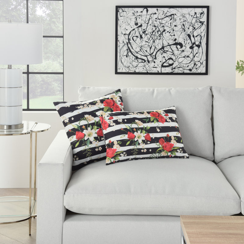 Zebra Rose Embroidered Reversible Outdoor Throw Pillow, 14"x22"