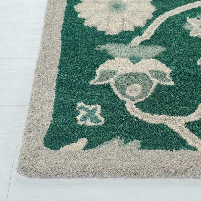 Hand-Knotted Dark Green Floral Wool 4' x 6' Rug