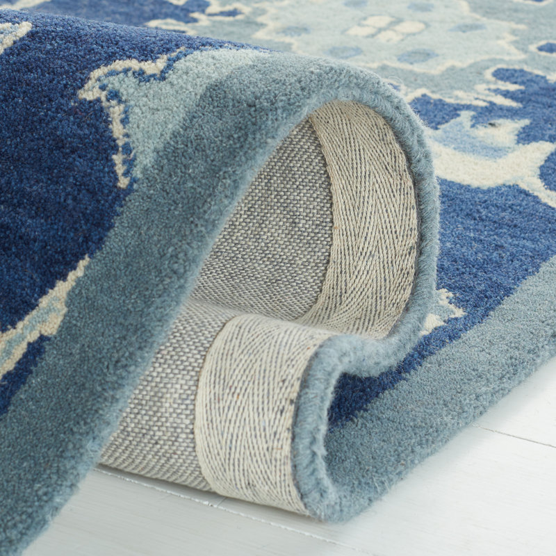 Hand-Knotted Floral Blue/Ivory Wool Rectangular Rug 4' x 6'