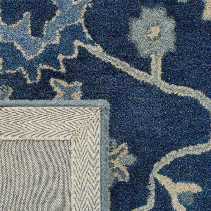 Hand-Knotted Floral Blue/Ivory Wool Rectangular Rug 4' x 6'