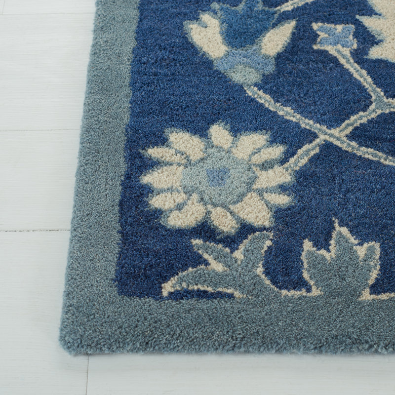 Hand-Knotted Floral Blue/Ivory Wool Rectangular Rug 4' x 6'