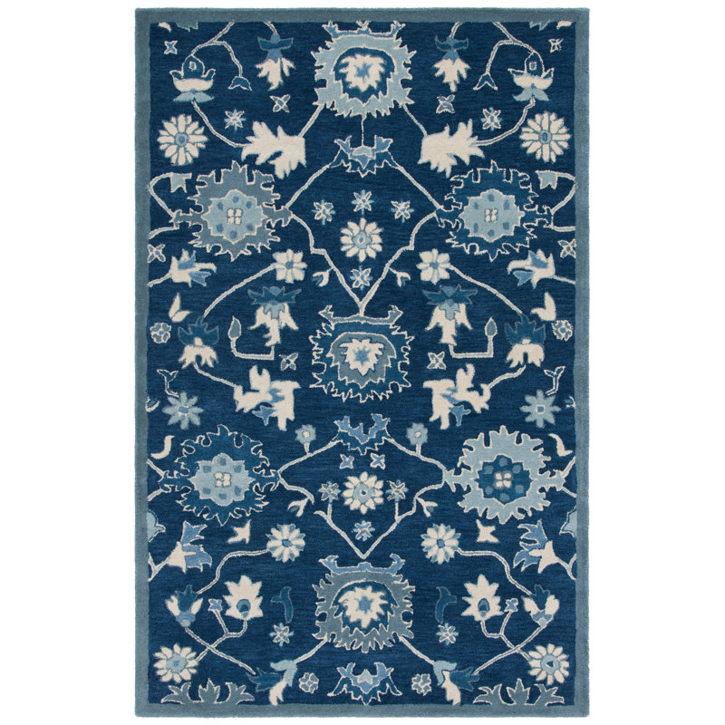 Hand-Knotted Floral Blue/Ivory Wool Rectangular Rug 4' x 6'