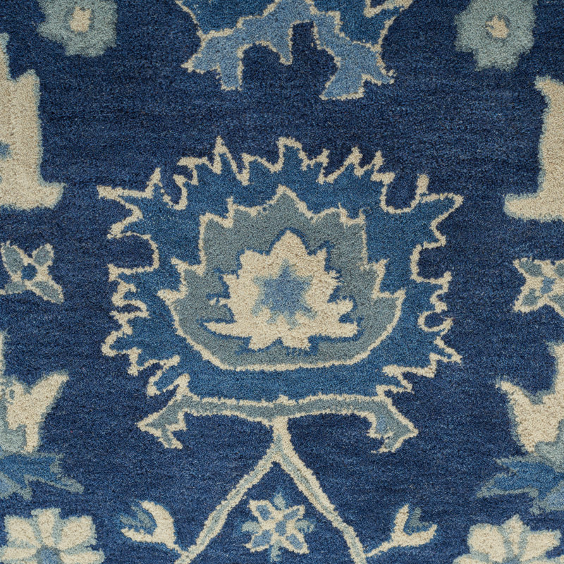 Hand-Knotted Floral Blue/Ivory Wool Rectangular Rug 4' x 6'