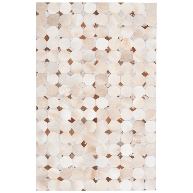 Ivory and Brown Geometric Cowhide Flat Woven Rug, 8' x 10'