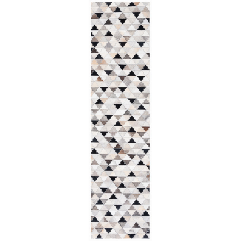 Gray Geometric Flat Woven Cowhide Runner Rug 2'3" x 9'
