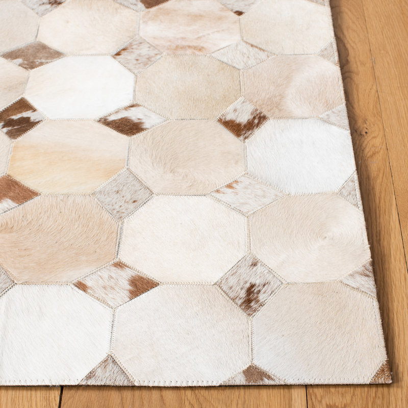 Ivory and Brown Geometric Cowhide Flat Woven Rug, 8' x 10'