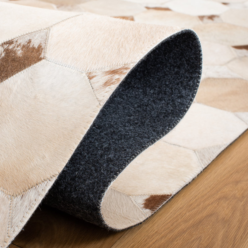 Ivory and Brown Geometric Cowhide Flat Woven Rug, 8' x 10'