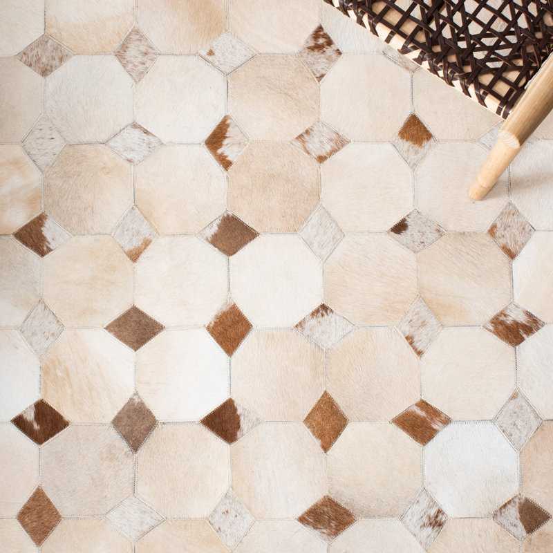 Ivory and Brown Geometric Cowhide Flat Woven Rug, 8' x 10'