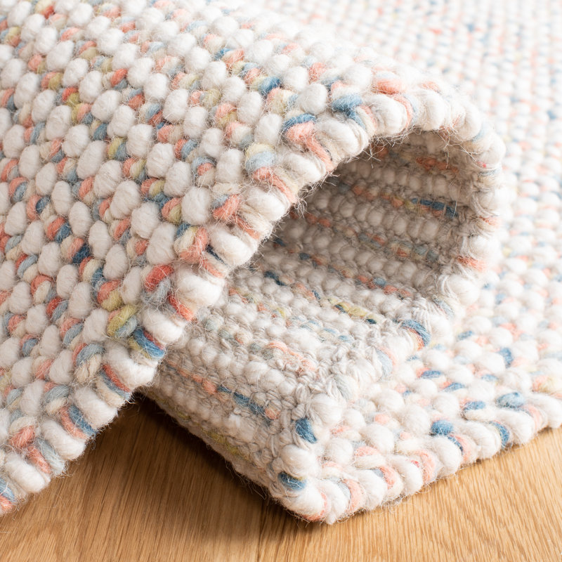 Handwoven Ivory and Pink Square Wool Rug, 6' x 6'