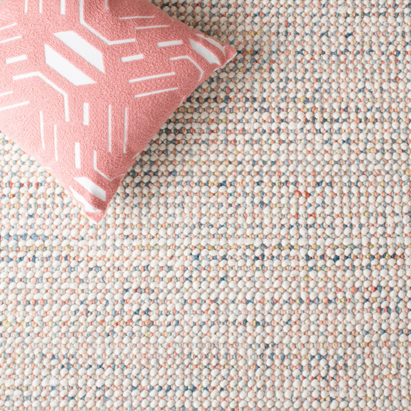 Handwoven Ivory and Pink Square Wool Rug, 6' x 6'