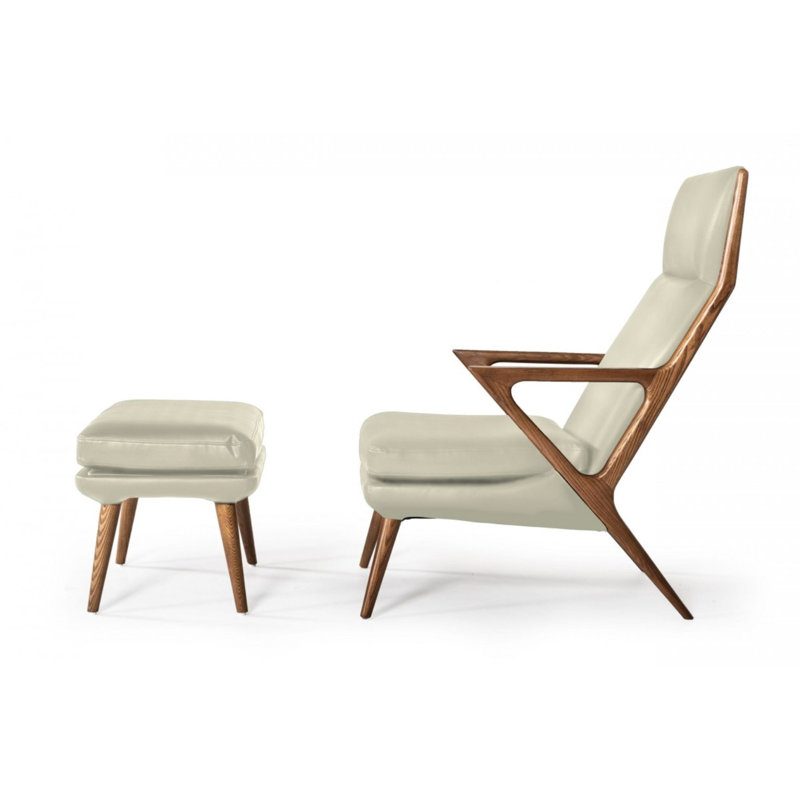 Beige Faux Leather Lounge Chair with Ottoman and Wood Frame