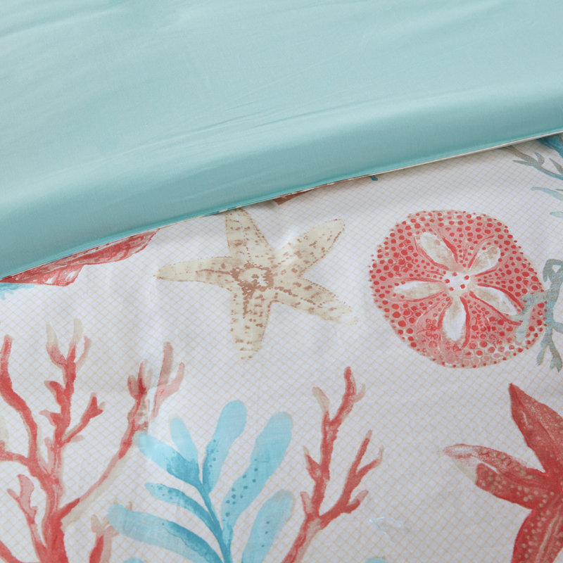 Coral and Teal Coastal Cotton Duvet Cover Set, Full/Queen, 6 Pieces