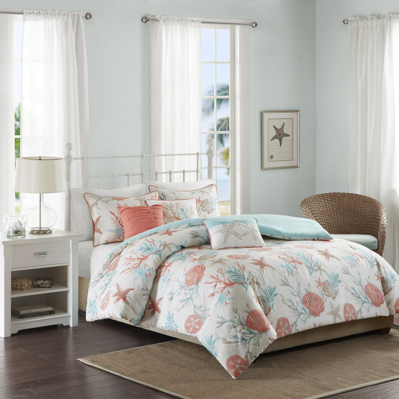 Coral and Teal Coastal Cotton Duvet Cover Set, Full/Queen, 6 Pieces
