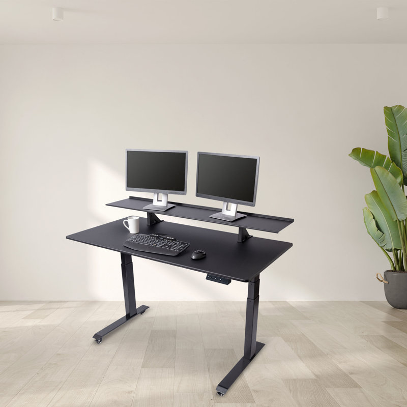 Black Adjustable Height Split Top Standing Desk with Monitor Shelf