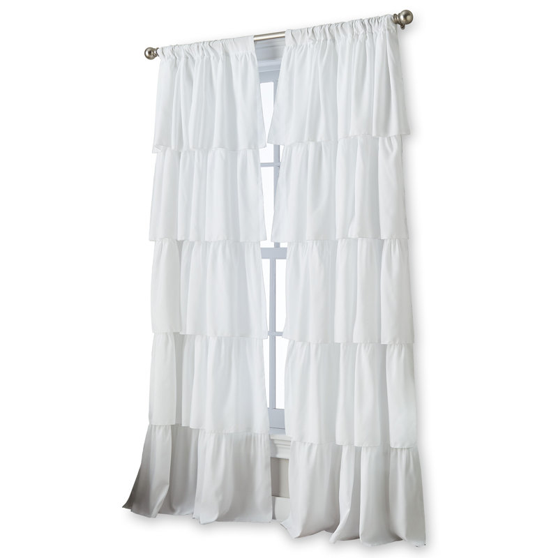 White Ruffled Light-Filtering Polyester Kids Curtain Panel, 42" x 95"