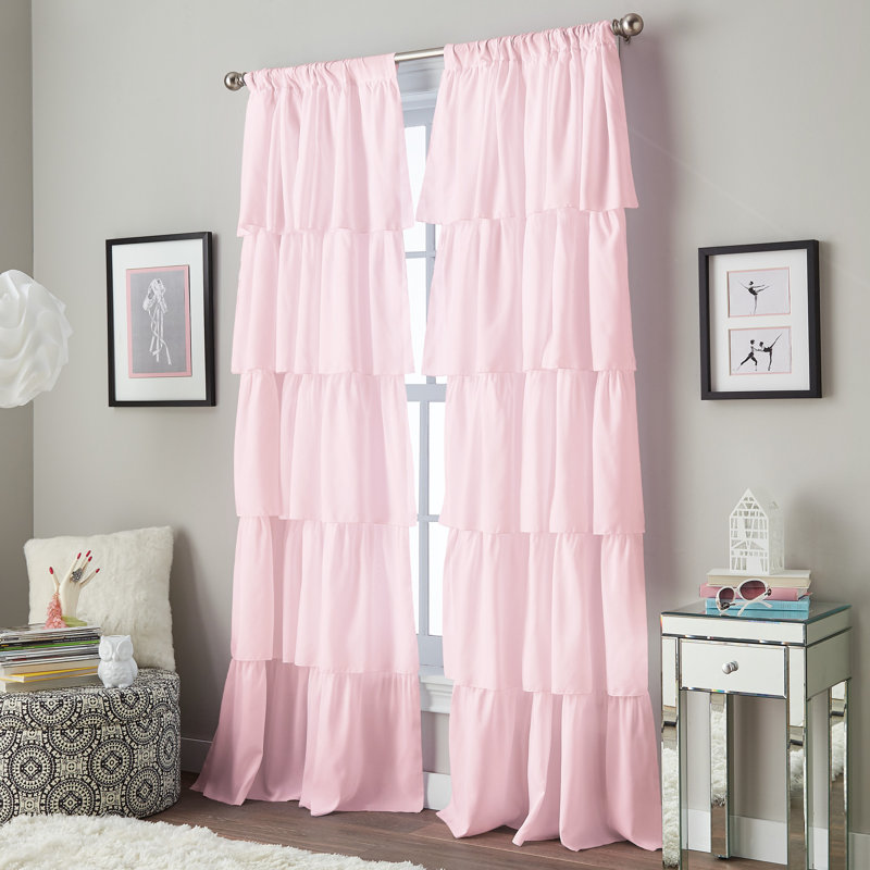 Pink Ruffled Rod Pocket Light-Filtering Kids Curtain Panel