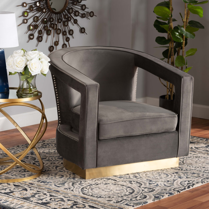 Elegant Grey Velvet Barrel Accent Chair with Gold Metal Base