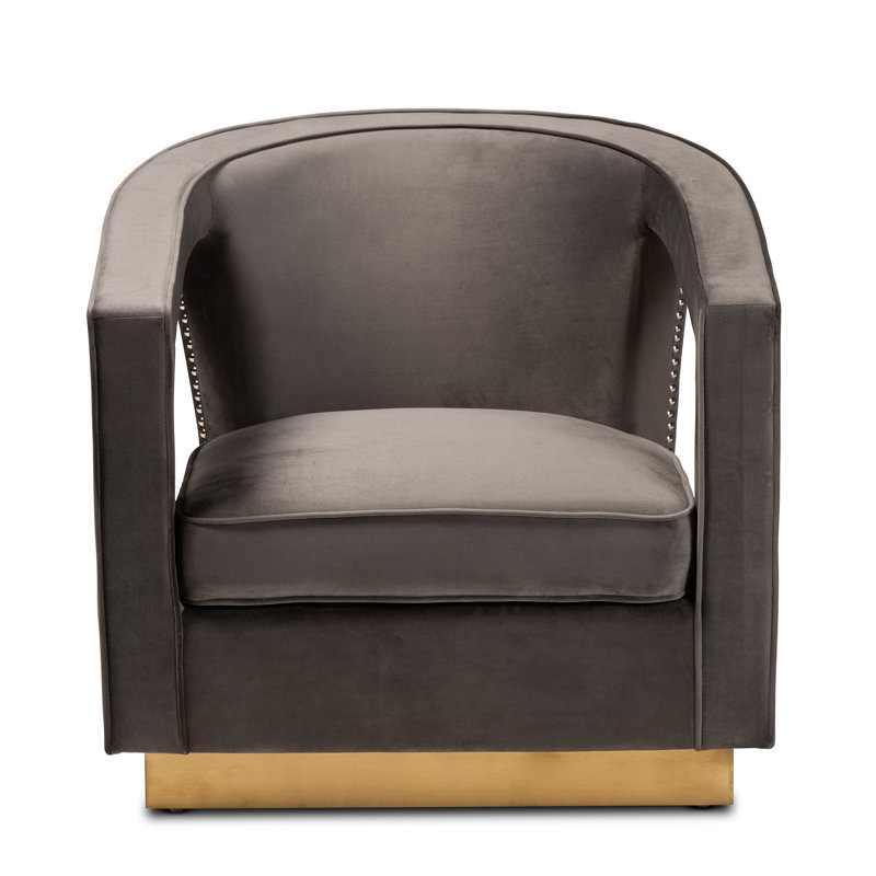 Elegant Grey Velvet Barrel Accent Chair with Gold Metal Base